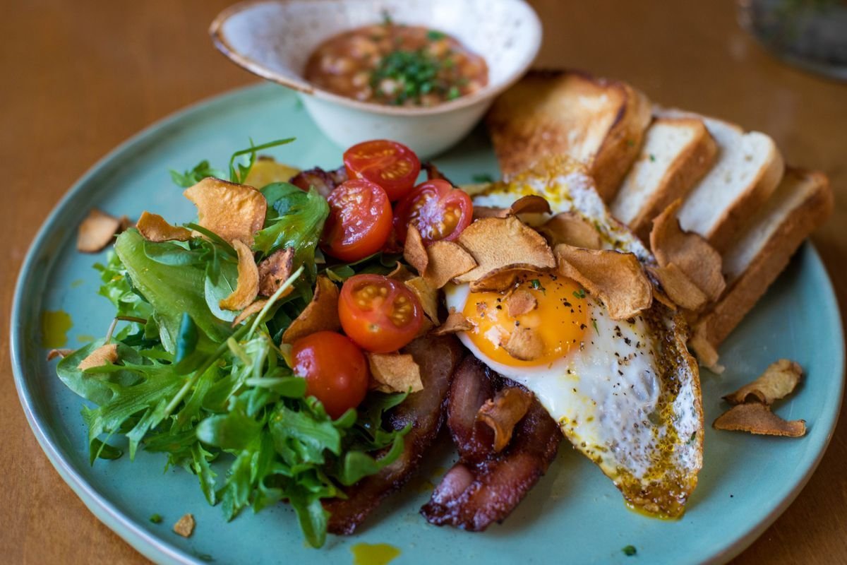 Bacon and Fried Egg Plate with Arugula