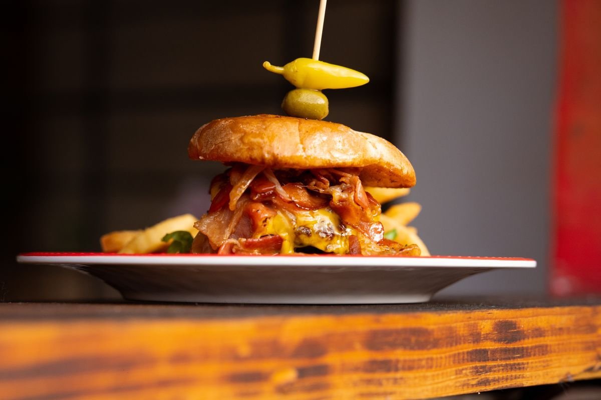Bacon Cheddar Burger with Beer Onions