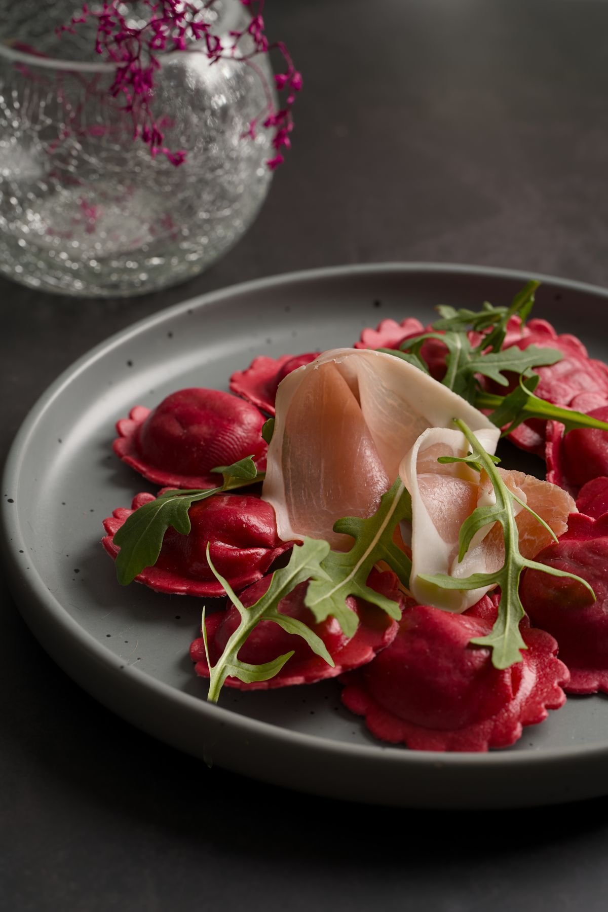 Beet Ravioli with Prosciutto and Arugula