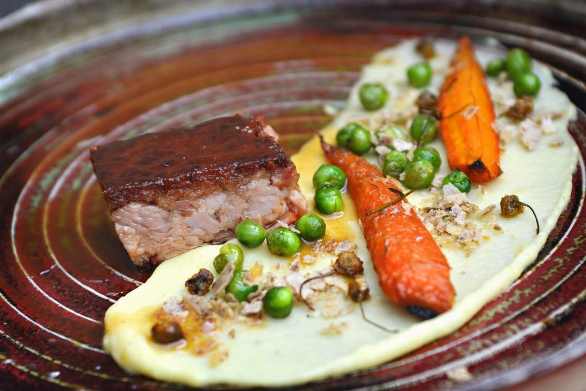 Braised Pork Belly with Peas and Roasted Carrots