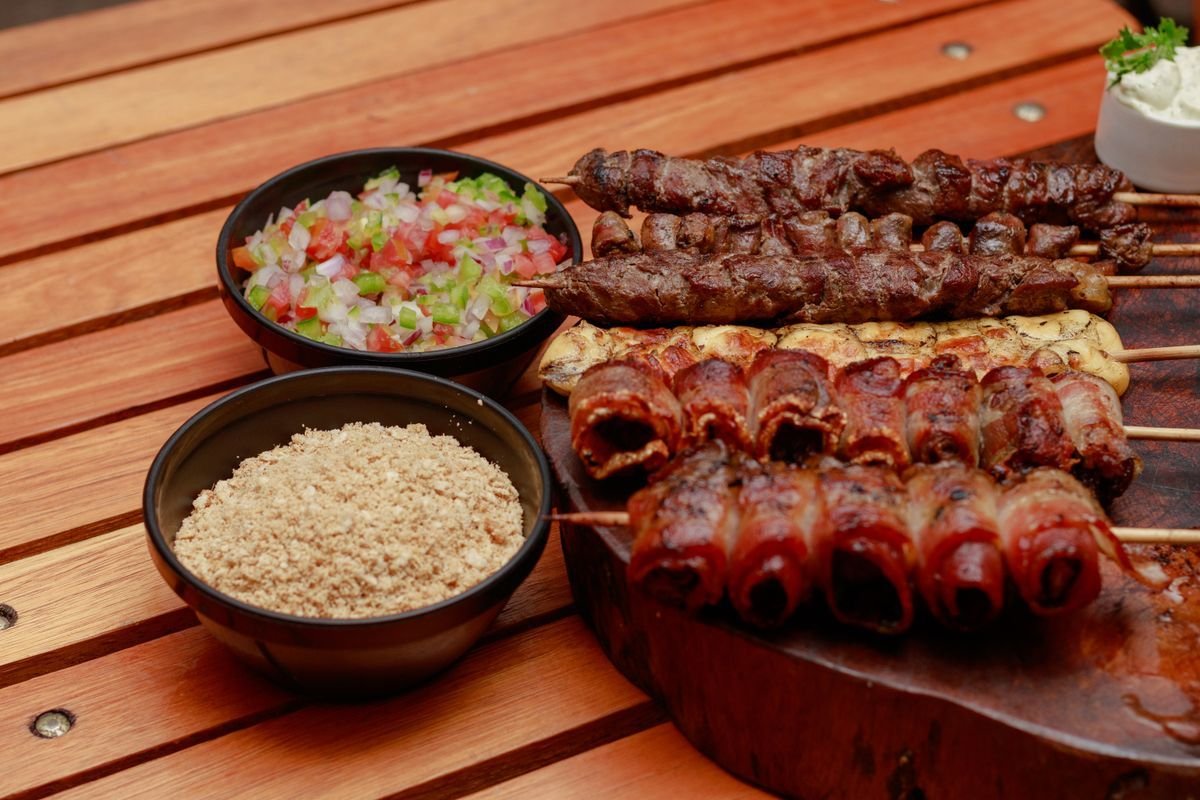 Brazilian Espetinhos with Farofa and Vinagrete