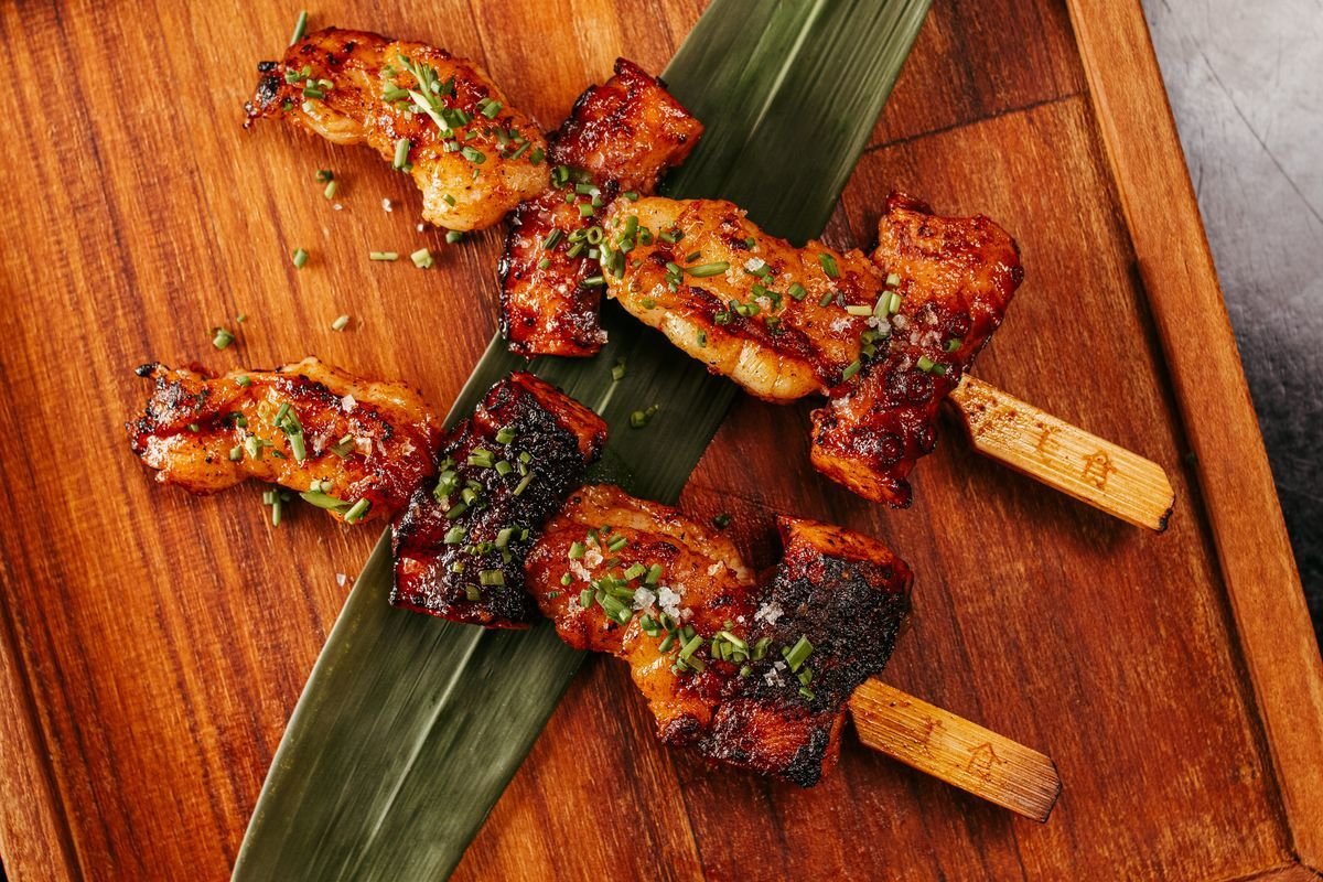 Charred Pork Belly Skewers with Scallion Oil