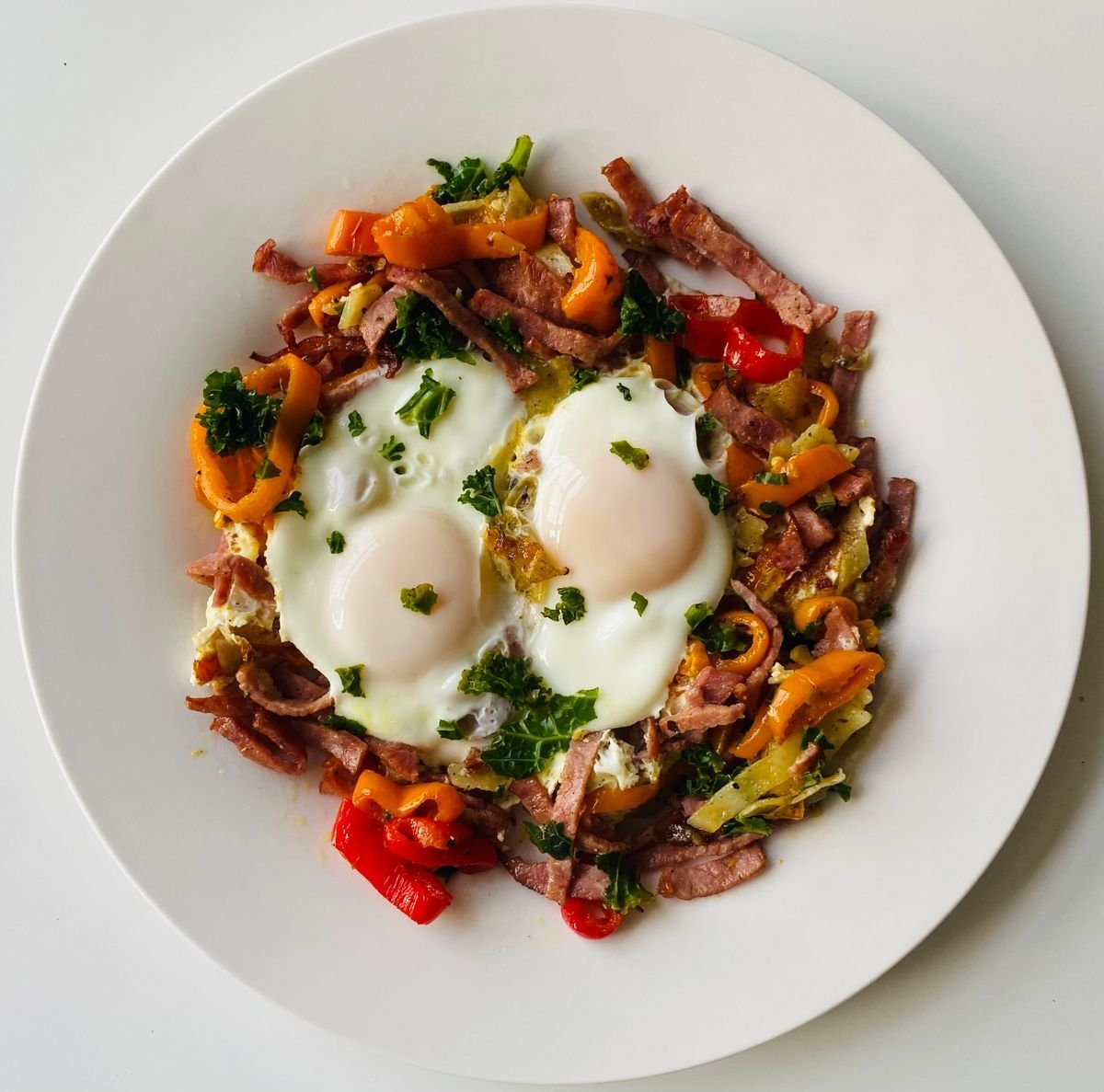 Corned Beef Hash with Peppers and Eggs