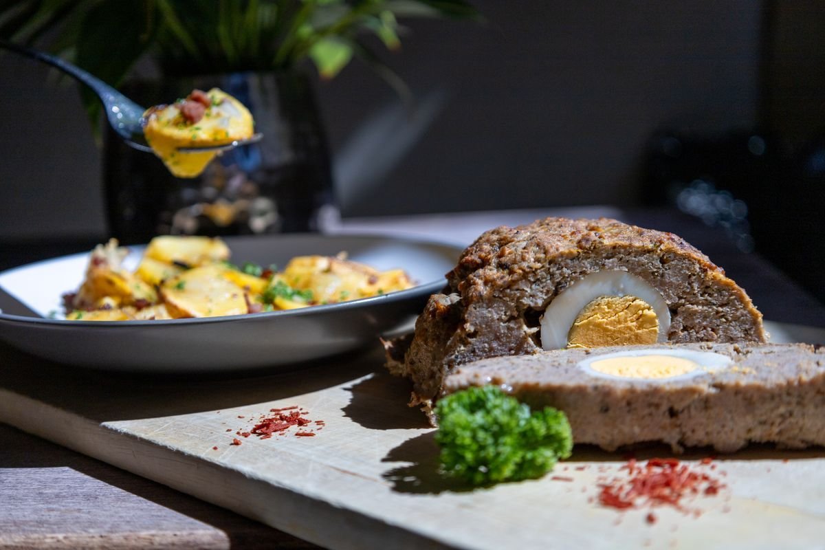 Egg-Stuffed Meatloaf with Buttered Potatoes