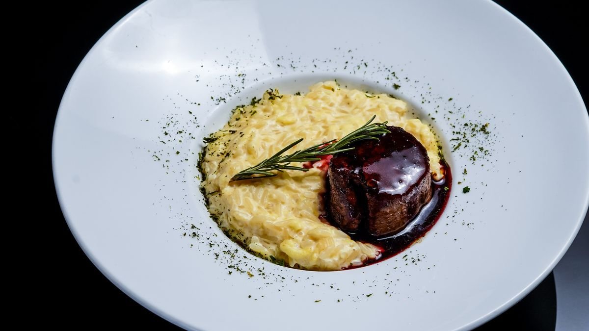 Filet Mignon over Parmesan Risotto with Red Wine Jus