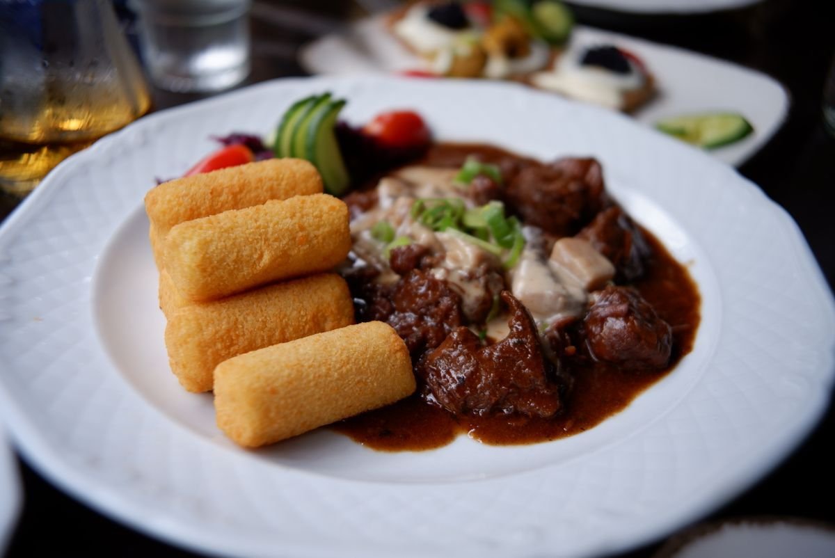 German Beef Ragout with Potato Croquettes