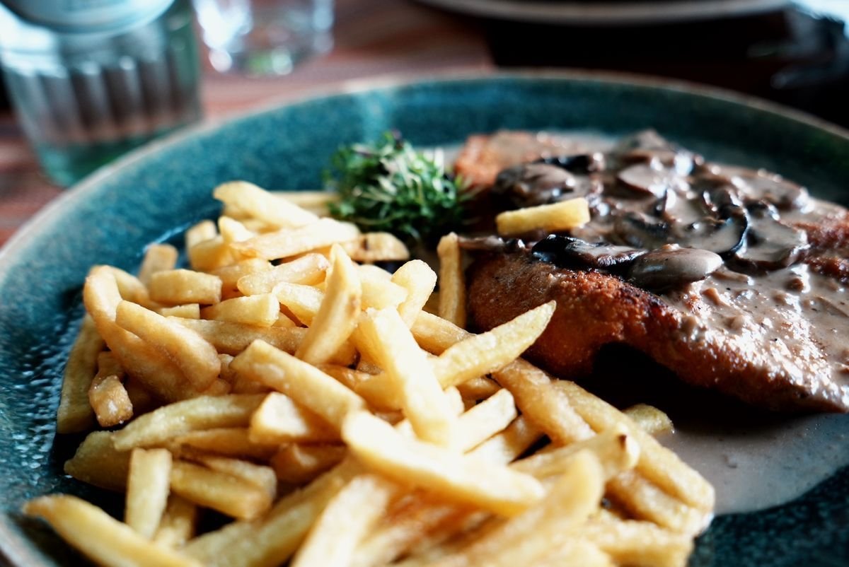 Jaegerschnitzel with Mushroom Gravy and Fries
