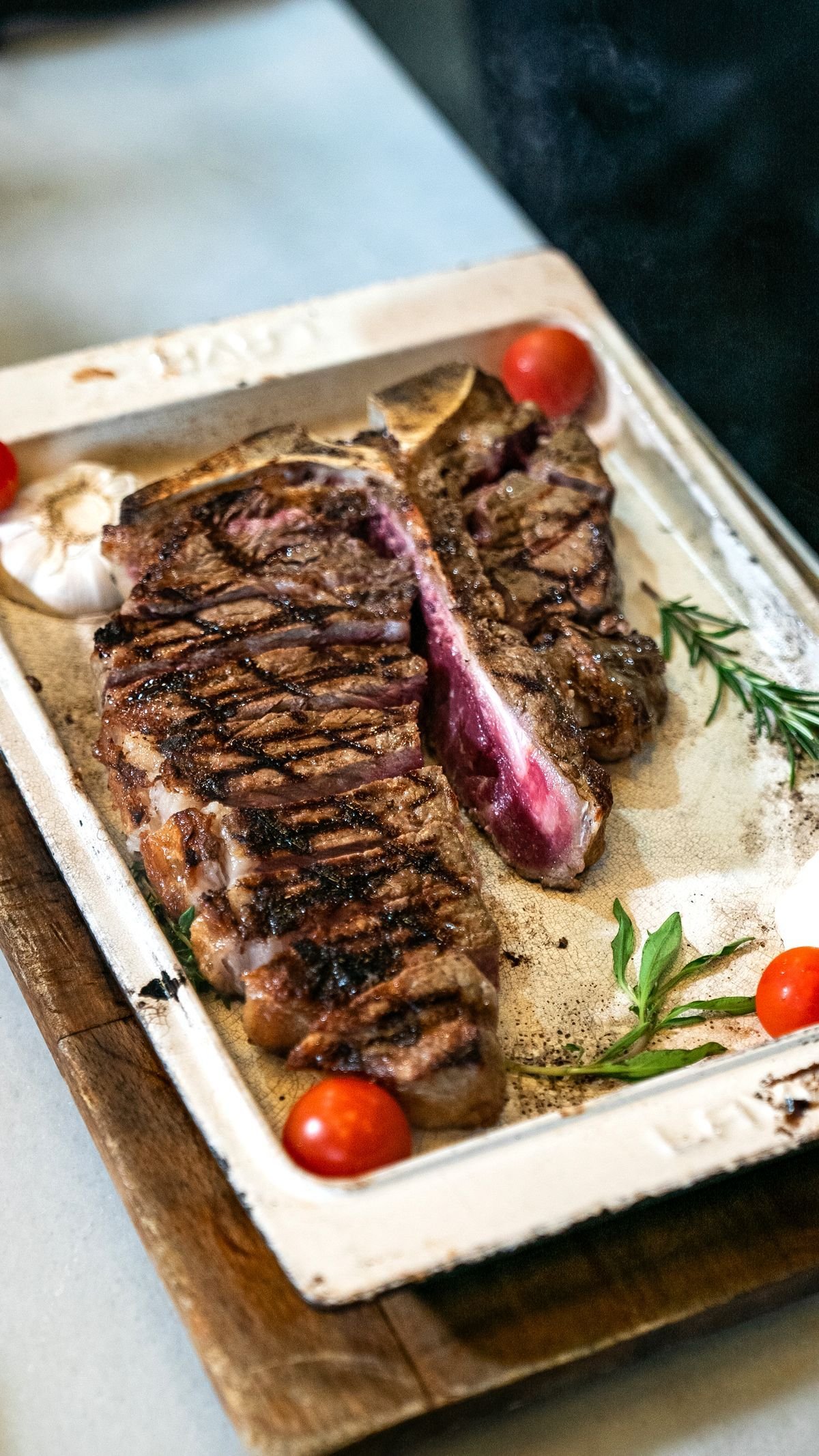 Pan-Roasted Porterhouse with Rosemary and Cherry Tomatoes