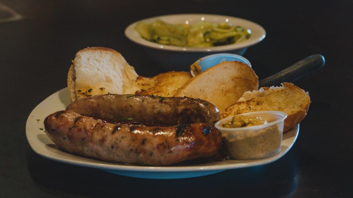 Pan-Seared Pork Sausages with Garlic Toast and Relish