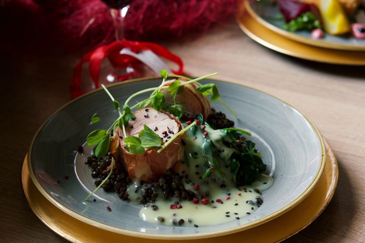 Pork Tenderloin with Black Lentils and Cream Sauce