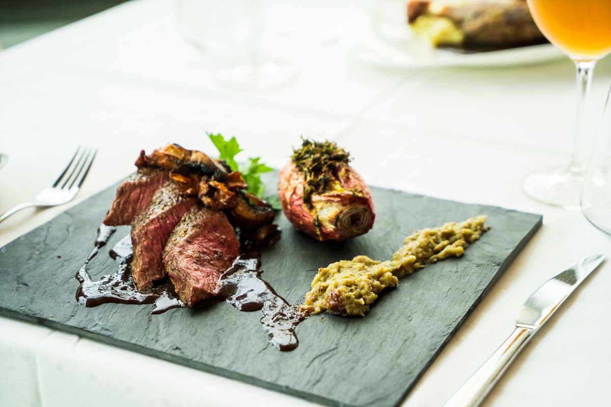Ribeye Cap with Pistachio Pesto and Herb-Stuffed Tomato