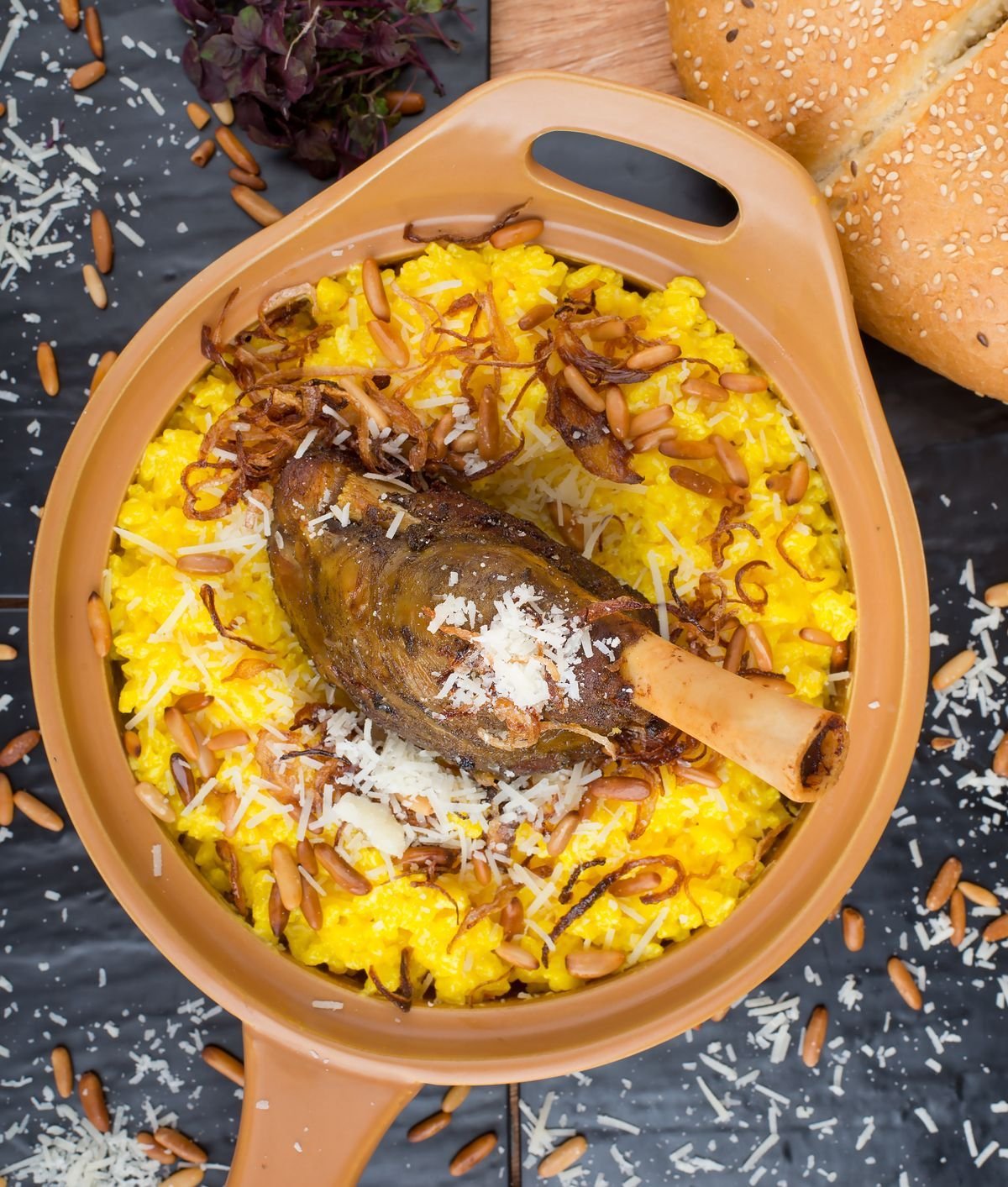 Saffron Rice with Lamb Shank and Crispy Onions