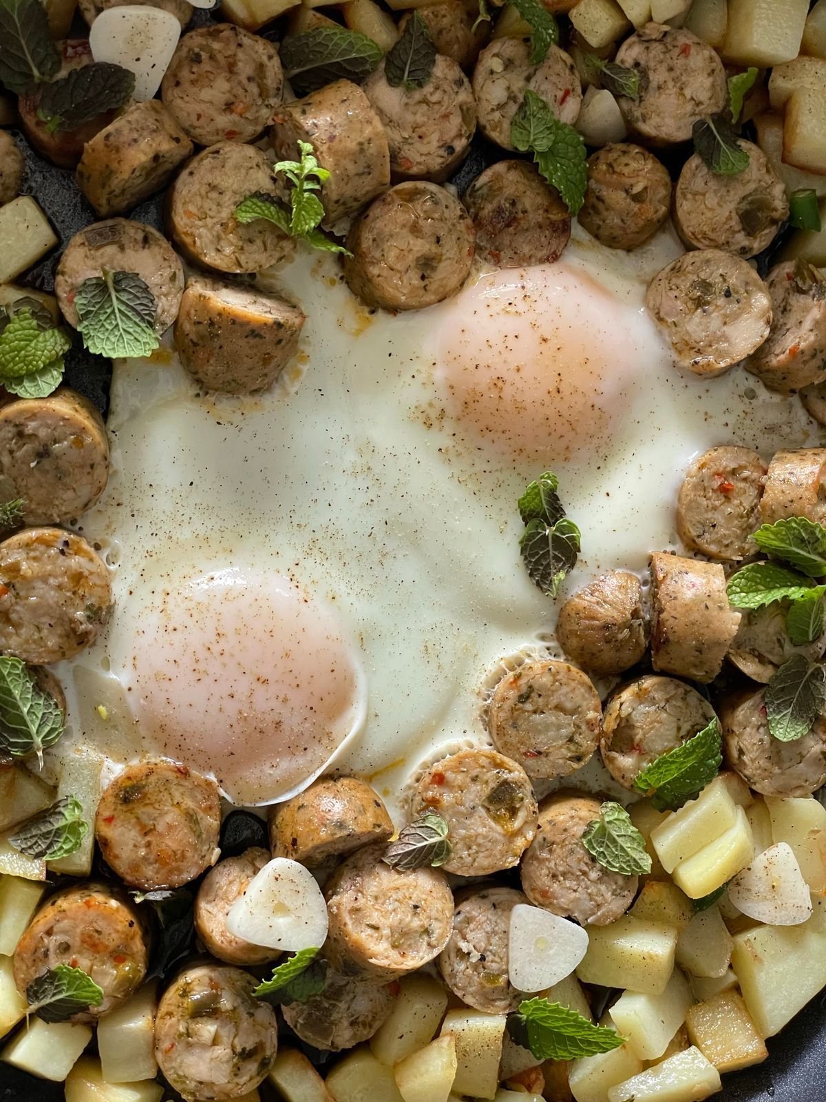 Sausage, Potato and Baked Egg Skillet