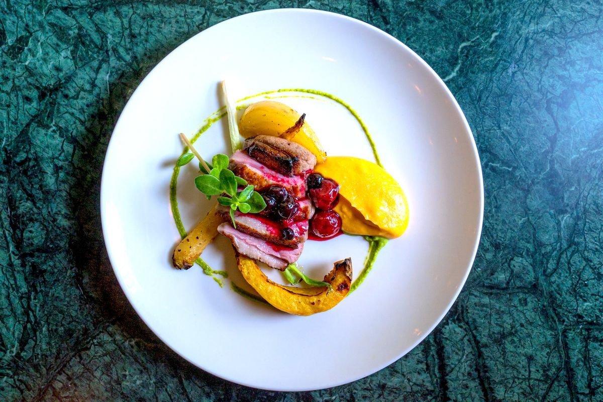 Seared Duck Breast with Cherries and Squash Puree