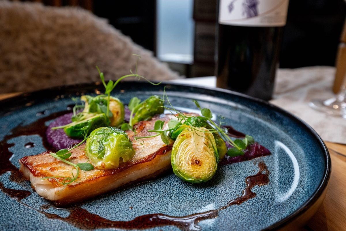 Seared Pork Belly with Brussels Sprouts and Purple Potato