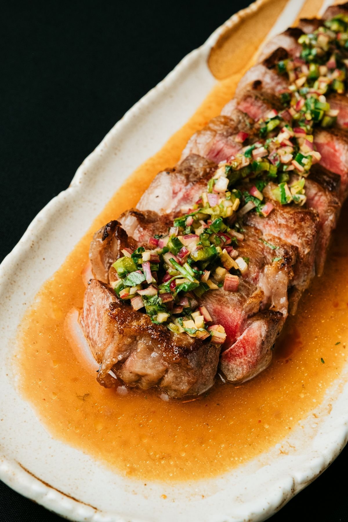 Seared Strip Steak with Salsa Verde and Chili Butter