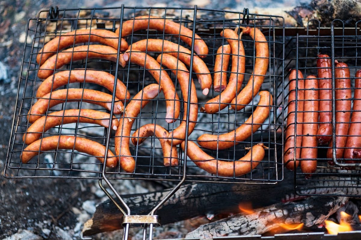 Wood Fire Grill Basket Smoked Sausages