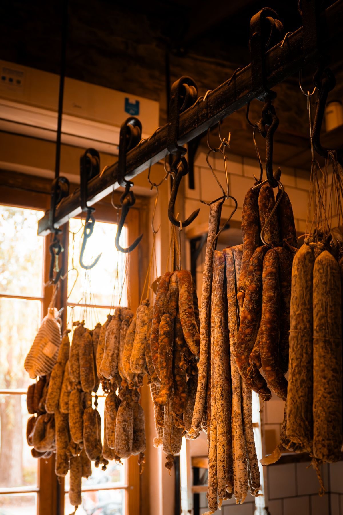 Dry-cured sausages hanging from iron hooks in warm window light